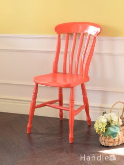 英国アンティークの木製椅子、元気が出るオレンジ色がおしゃれなキッチンチェア