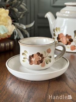 アンティーク雑貨 アンティーク食器 イギリスから届いたビンテージのDENBY(デンビー)、お花が手描きされたストーンウェアのカップ&ソーサー