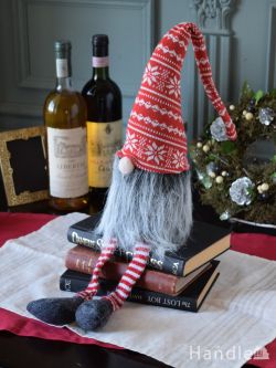 インテリア雑貨 オブジェインテリア 北欧のクリスマス雑貨、赤い帽子を被った妖精トムテの人形（ノルディック模様・Lサイズ）