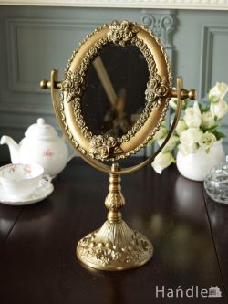インテリア雑貨 鏡おしゃれ アンティーク調のおしゃれな鏡、華やかなバラの装飾が素敵な真鍮製のスタンドミラー（ゴールド）