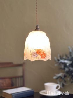 照明おしゃれ ペンダントライト パンジーが描かれた可愛らしい照明器具、アンティークガラスのペンダントライト