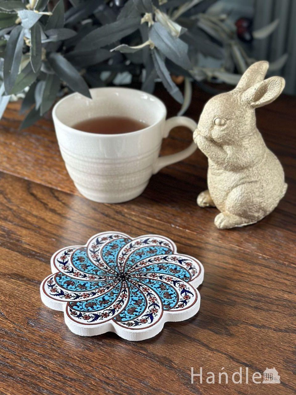 お花の形がとっても可愛い、トルコ生まれのイズニックコースター(ターコイズブルー) (n22-204)