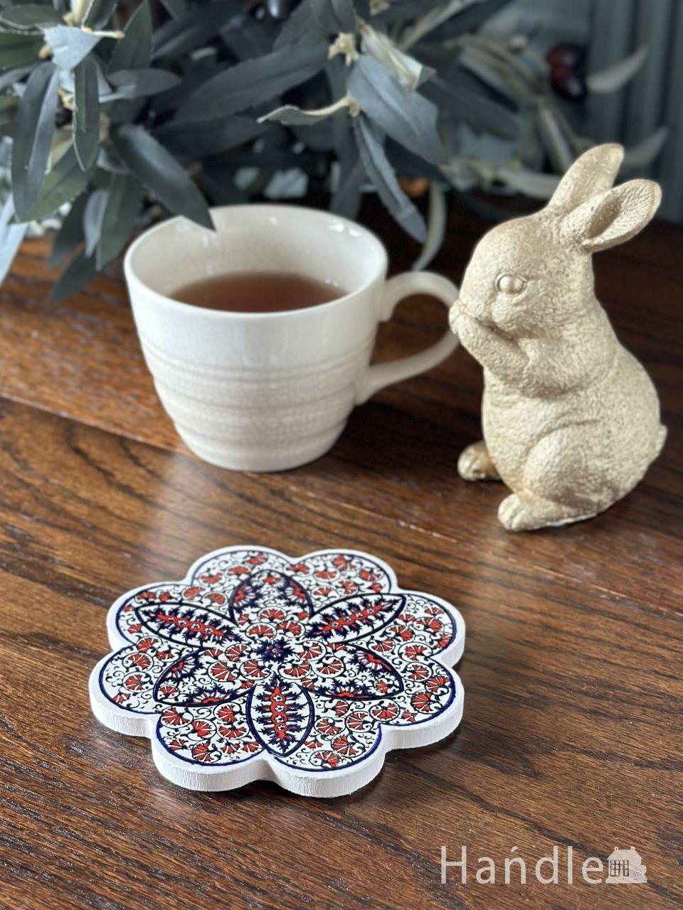 お花の形がとっても可愛い、トルコ生まれのイズニックコースター(レッド✕ネイビー) (n22-206)