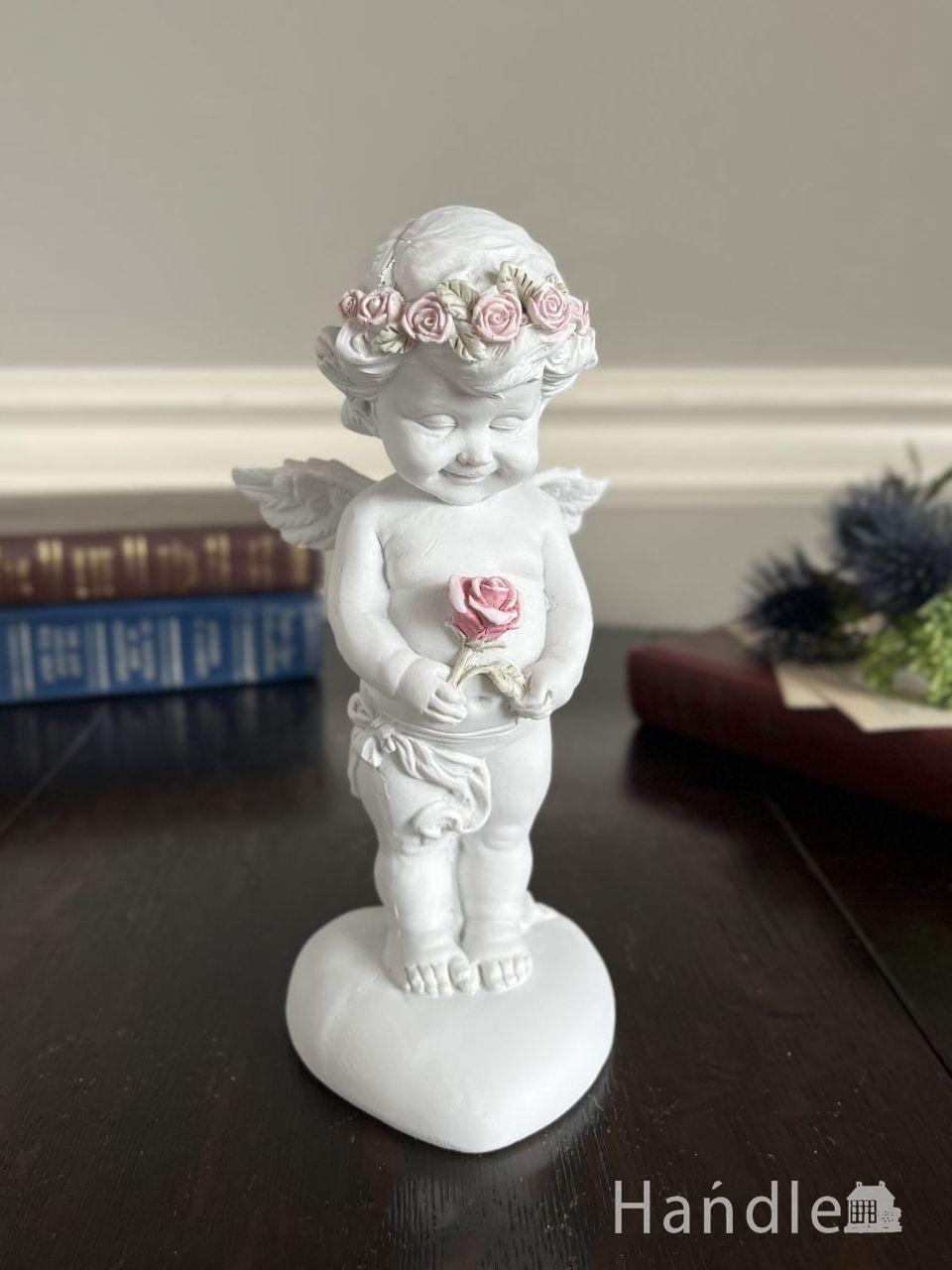 アンティーク風の可愛いディスプレイ雑貨、天使の形のデコラティブなオブジェ(一輪のバラ) (n21-120)