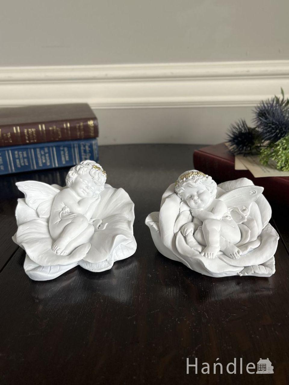 アンティーク風の可愛いディスプレイ雑貨、2人の天使が眠っている可愛いオブジェ(フェアリー・スリープ・フラワー) (n21-118)