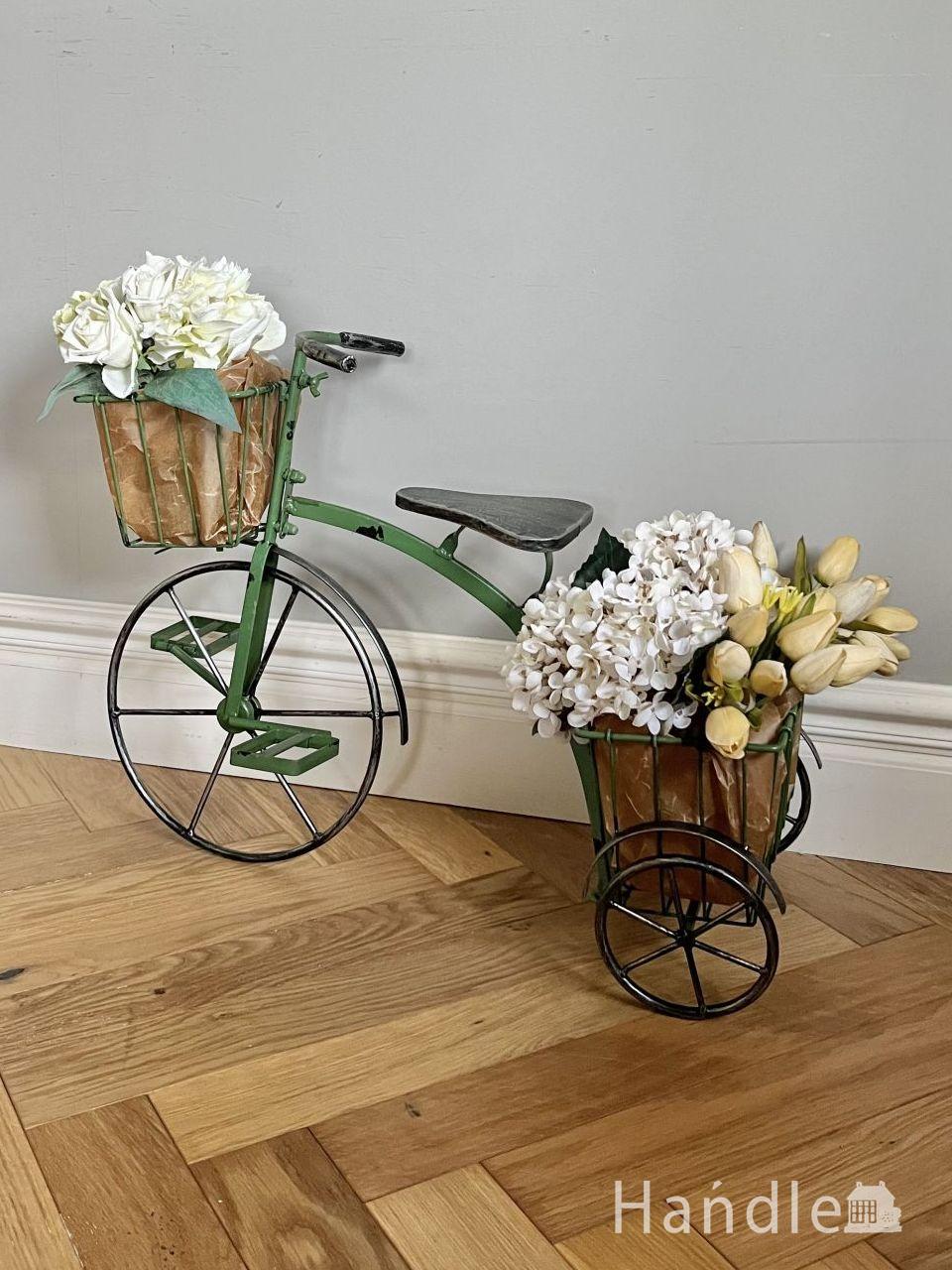 アンティーク調の可愛いプランタースタンド、三輪車の形のおしゃれな花台(グリーン) (n22-224)