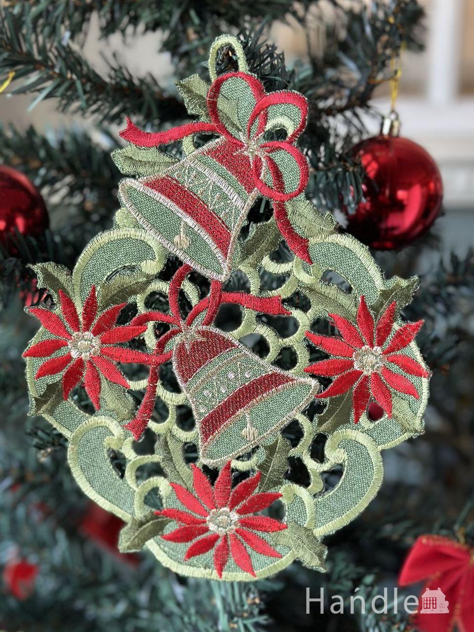 ベルと赤いお花が美しい、Xmasオーナメント(グリーン) (cm-339)