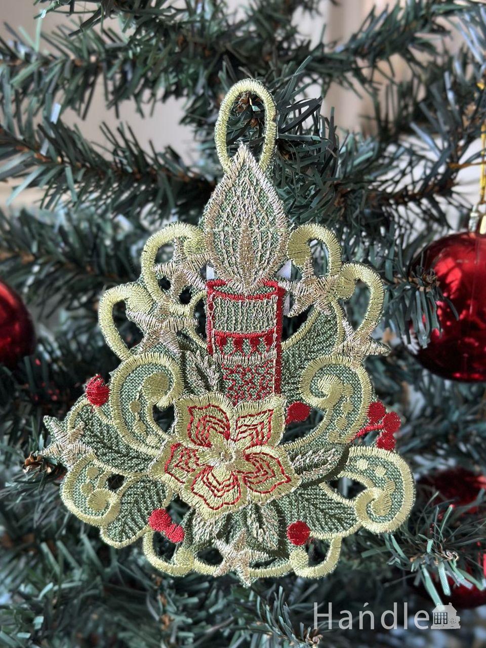 キャンドルとポインセチアが可愛いXmasオーナメント(グリーン) (cm-334)