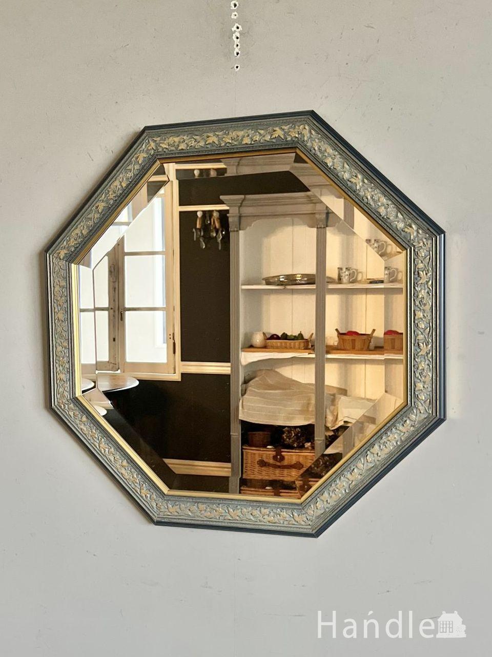 イタリア生まれのおしゃれなウォールミラー、ブルー✕ゴールド色の木枠の壁かけ鏡 (n21-129)