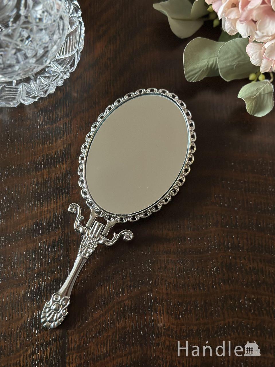 すずらんの模様が可愛いおしゃれな手鏡、スタンドミラーとしても使えるハンドミラー (n20-376)