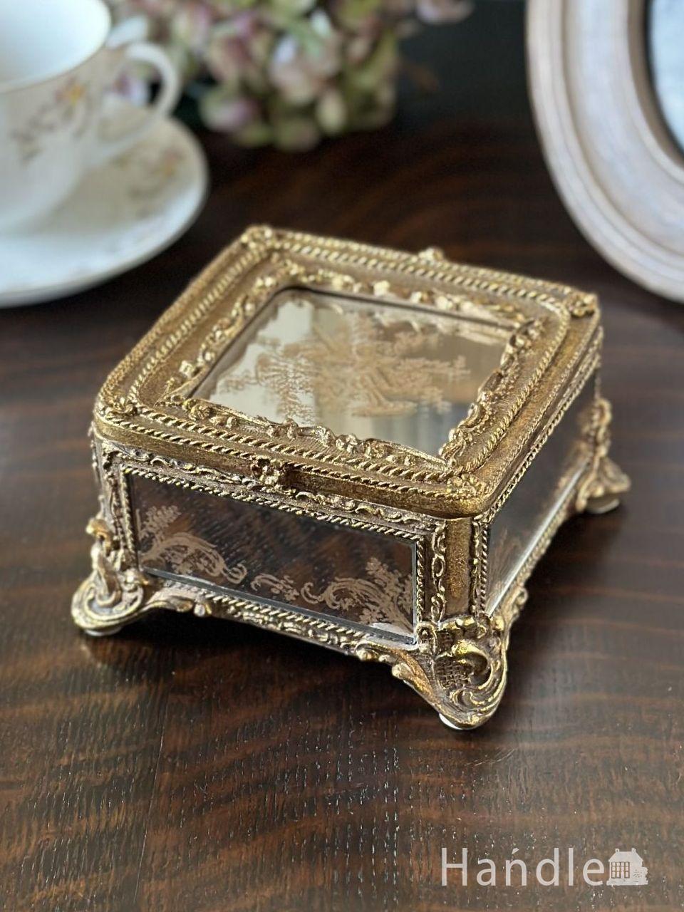 フレンチアンティーク調ボックス、豪華なミラー付きスクエア型ボックス (n21-133)