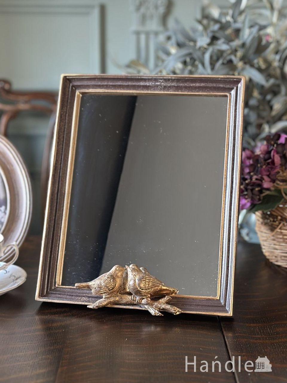 アンティーク調のおしゃれなスタンドミラー、小鳥のモチーフが可愛い鏡(ゴールド) (n21-137)