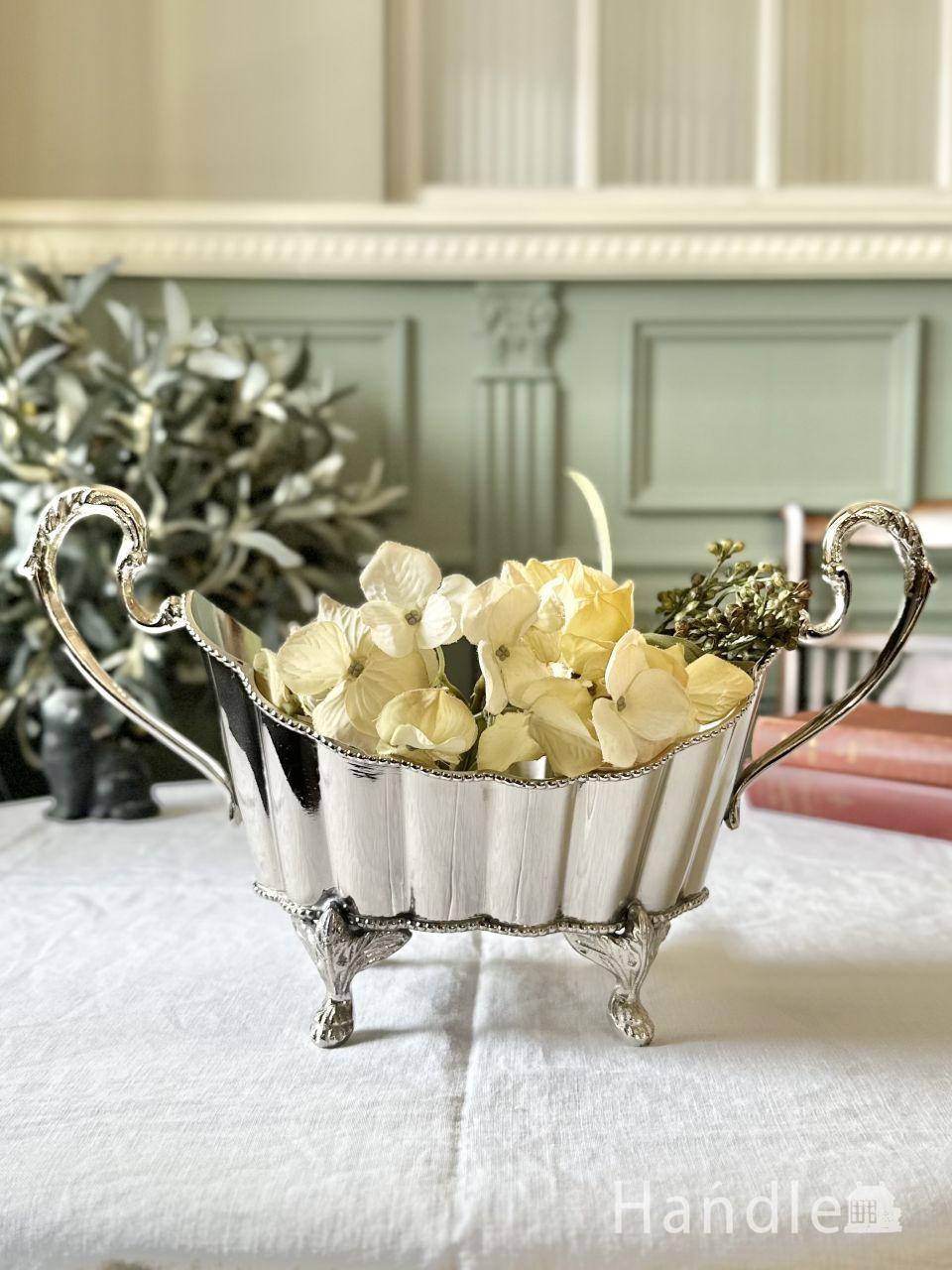 美しい猫足のフレンチアンティーク調のプランター、大きな持ち手がおしゃれなジャルディニエール風の器 (n20-398)