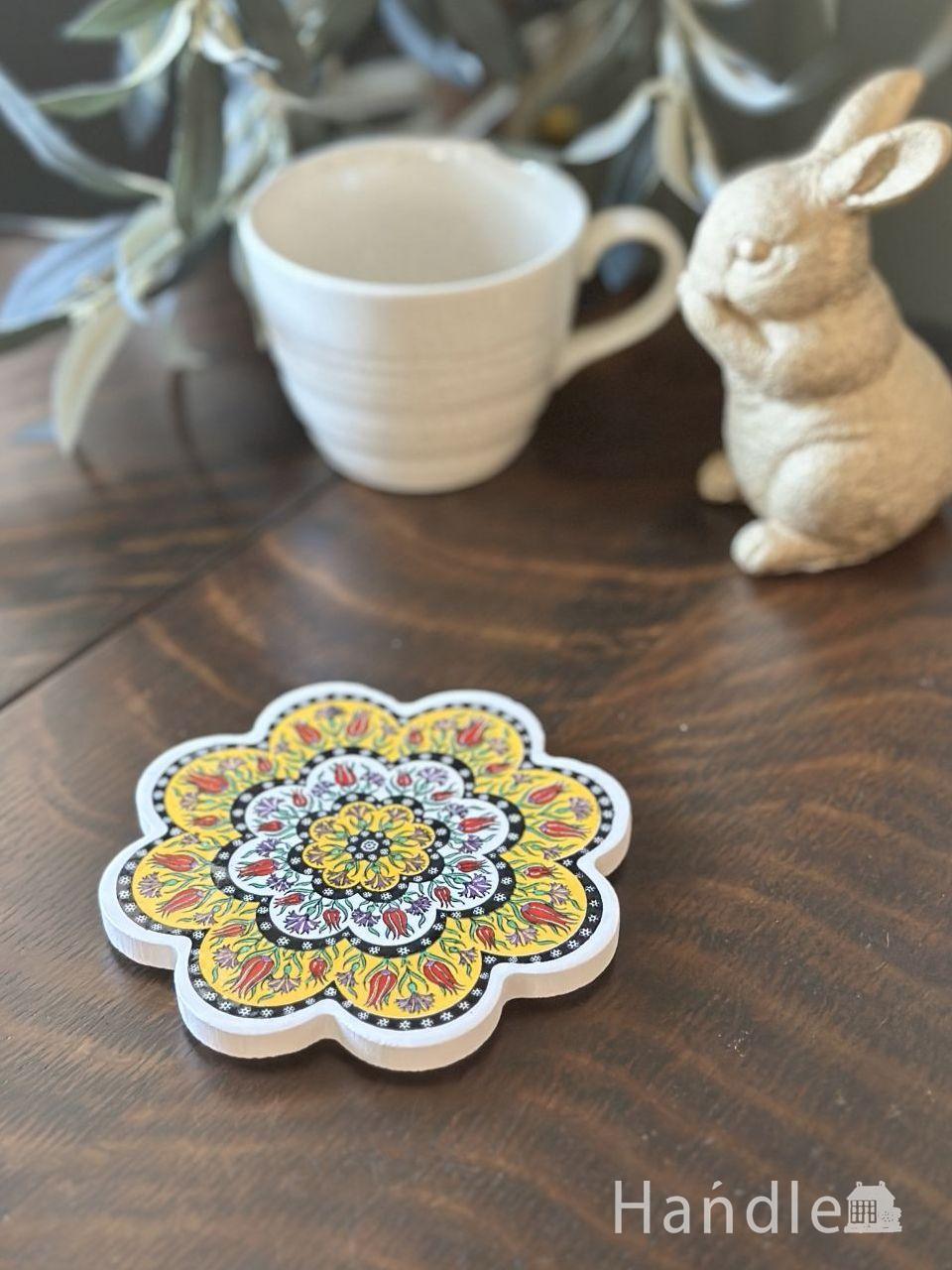 可愛いお花のカタチのおしゃれなコースター、トルコ生まれのイズニックコースター(イエロー) (n22-296)